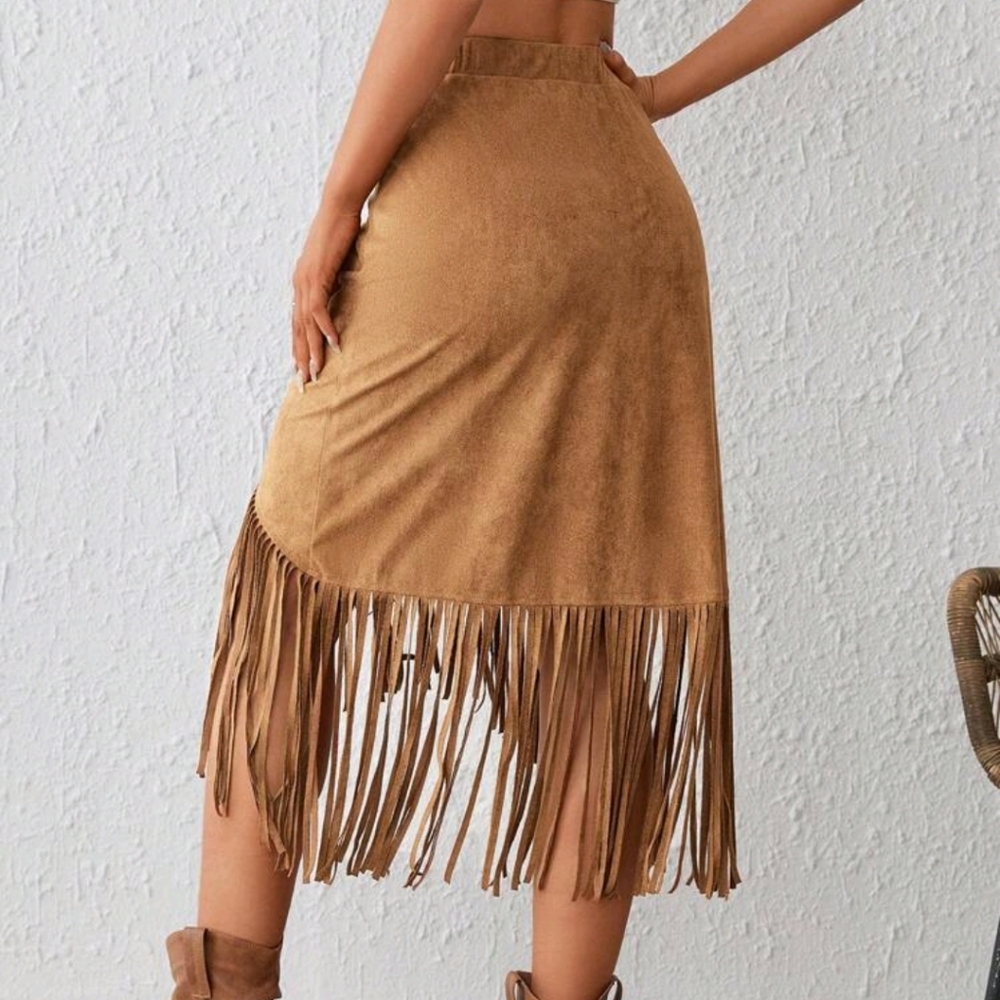 Fringe Trim Asymmetrical Hem Skirt - Picture 2 of 5